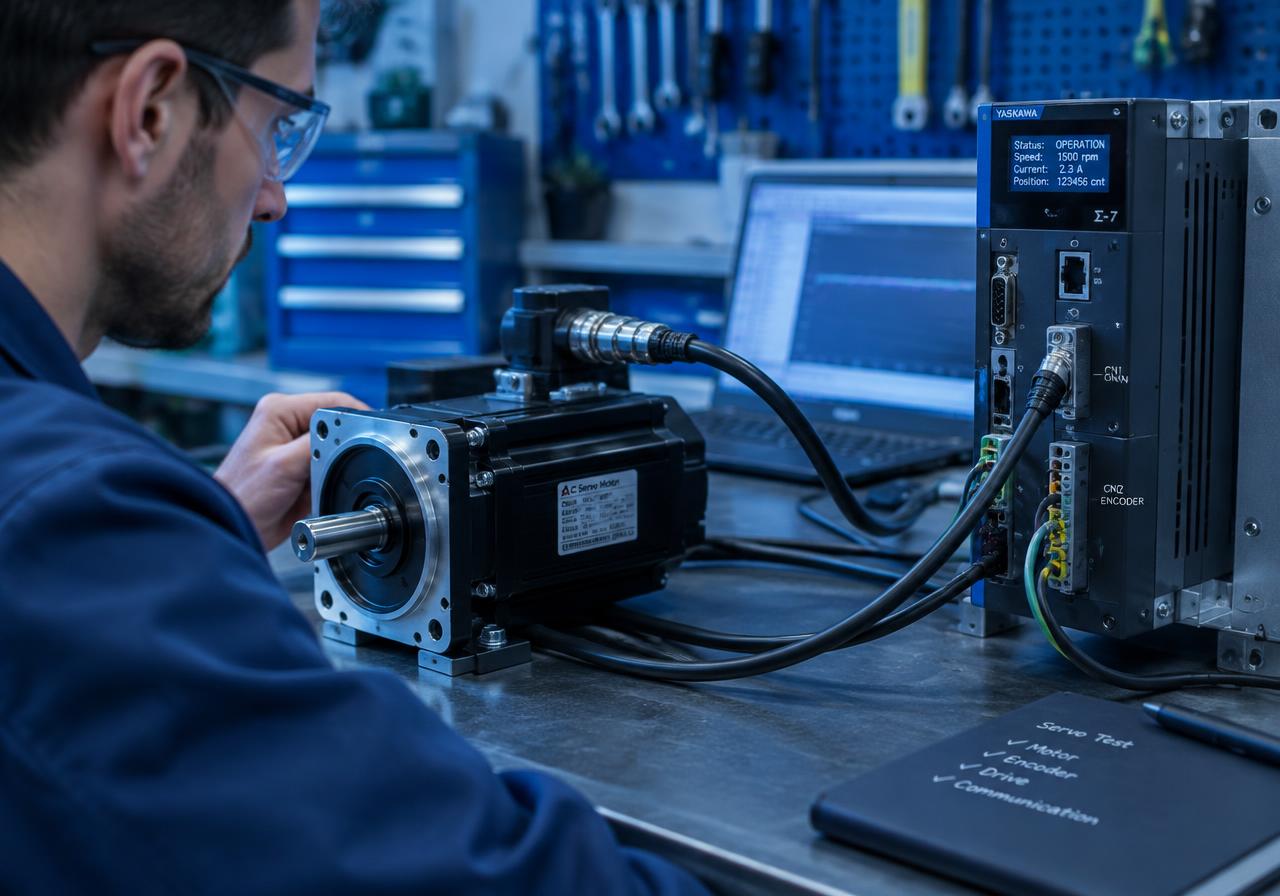 Técnico revisando un servomotor conectado a su servodrive