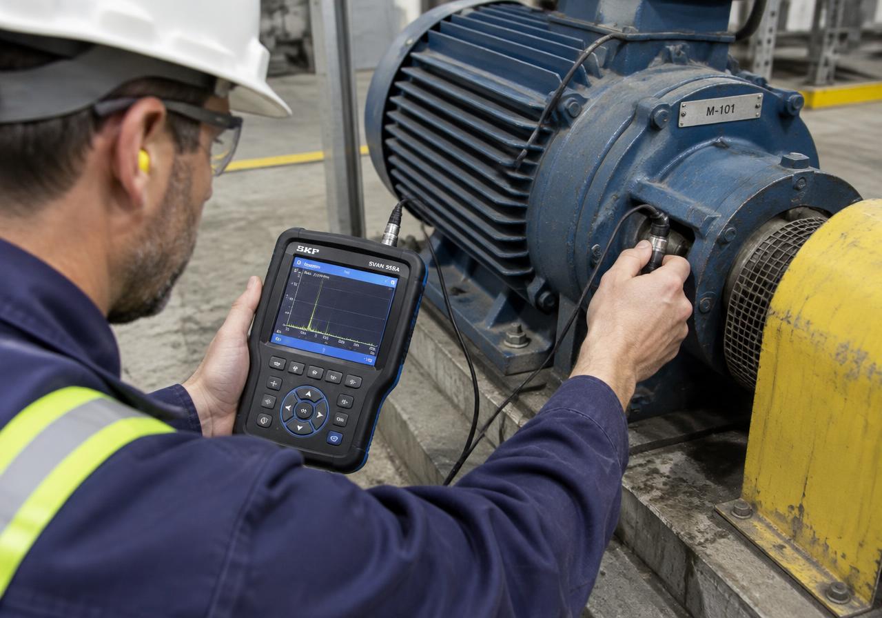 Ingeniero midiendo vibraciones en la carcasa de un motor industrial